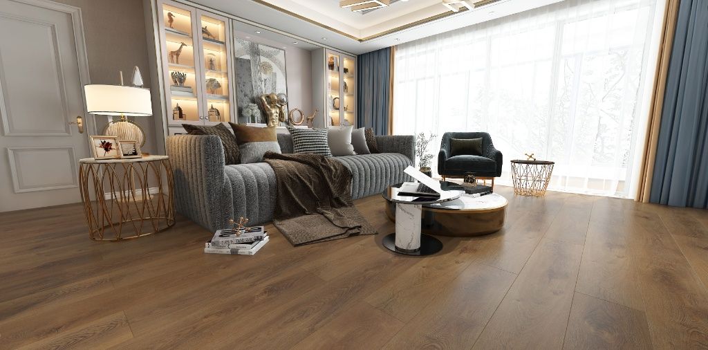 Luxury living room with darker wood flooring