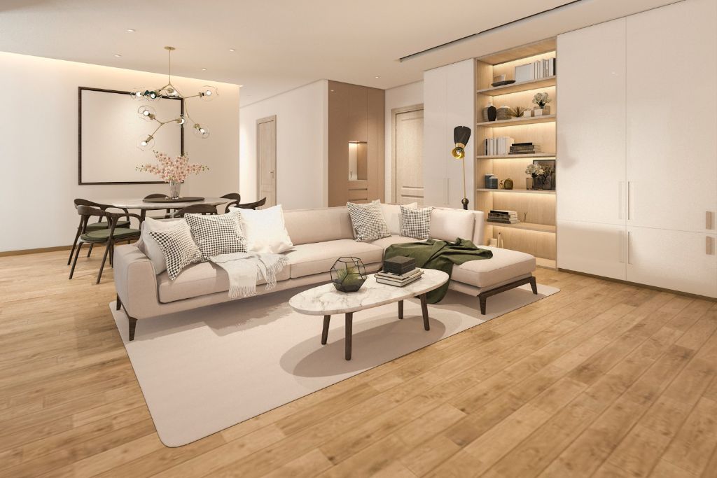 Split-level living room featuring warm oak flooring